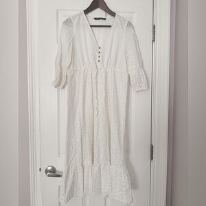 White Eyelet Midi Dress with Button Front